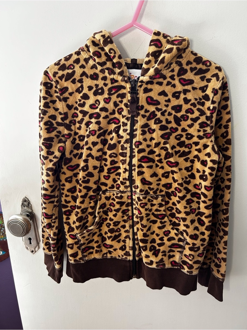 Circo Tan Leopard Print Hooded Zip Sweatshirt with Pink Highlights